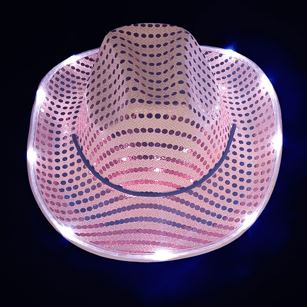 Pink Sequin Light Up Cowboy Cowgirl Hat with Bright White LED Lights around the brim. 3 Speeds Steady, Fast and Slow.