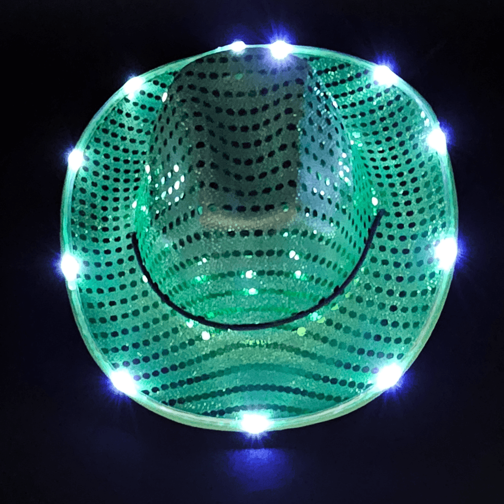 Green Sequin Light Up Cowboy Cowgirl Hat with Bright White LED Lights around the brim. 3 Speeds Steady, Fast and Slow.