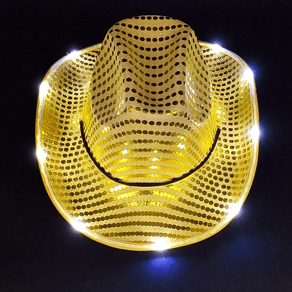 Gold Yellow Sequin Light Up Cowboy Cowgirl Hat with Bright White LED Lights around the brim. 3 Speeds Steady, Fast and Slow.
