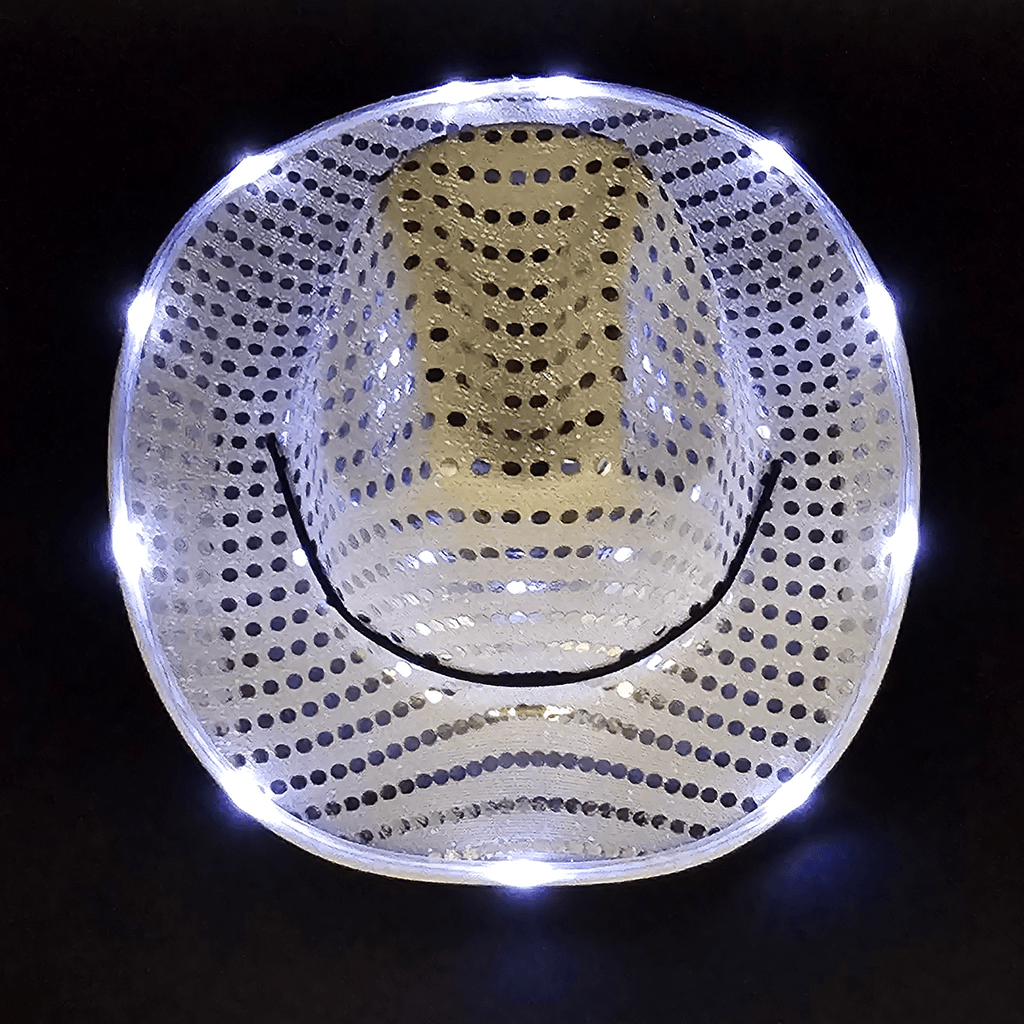 Silver White Sequin Light Up Cowboy Cowgirl Hat with Bright White LED Lights around the brim. 3 Speeds Steady, Fast, Slow.