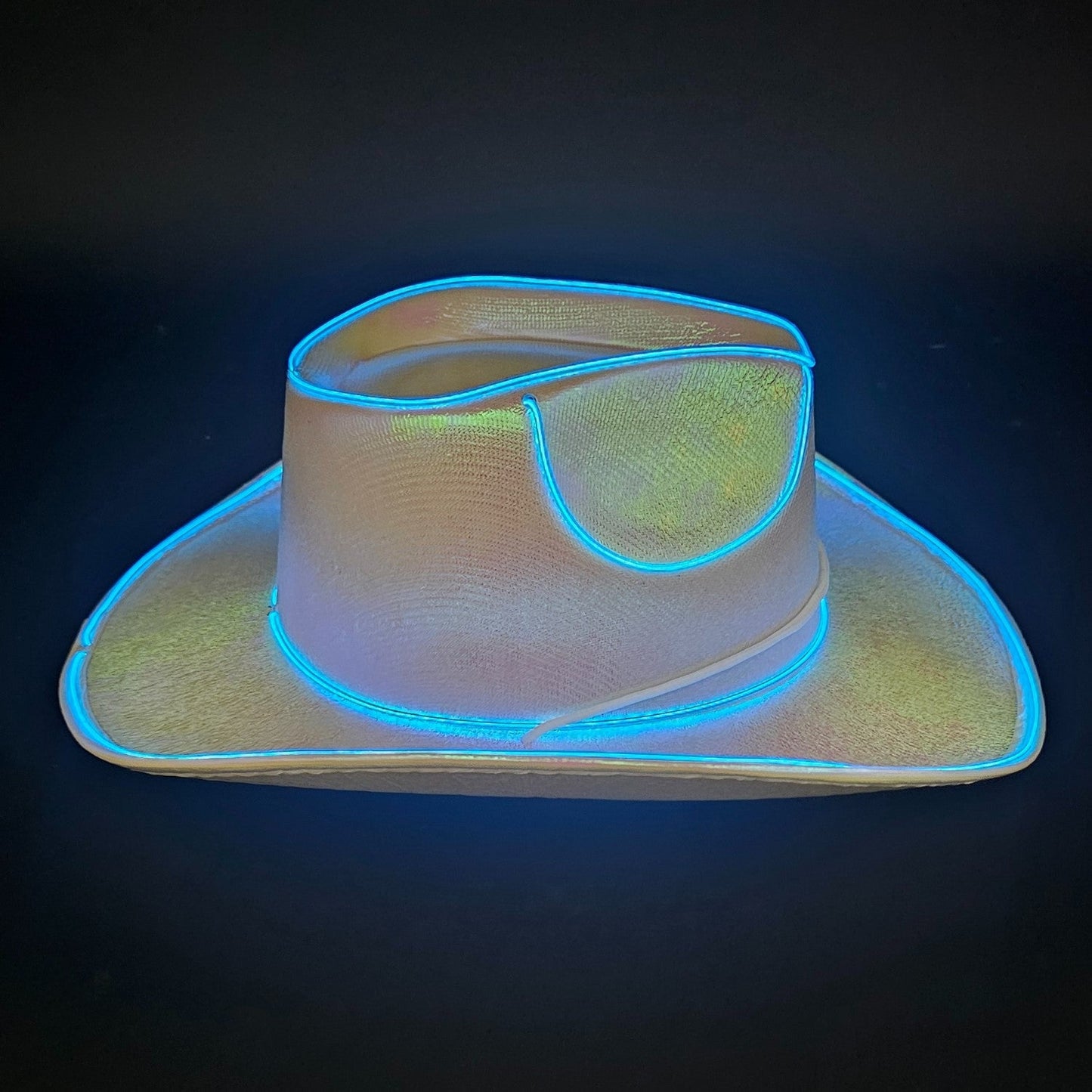 White Iridescent Cowboy Hat with Blue LED - Illuminate Your Style with 3 Flashing Modes - One Size - T and C Party Supply T and C Party Supply