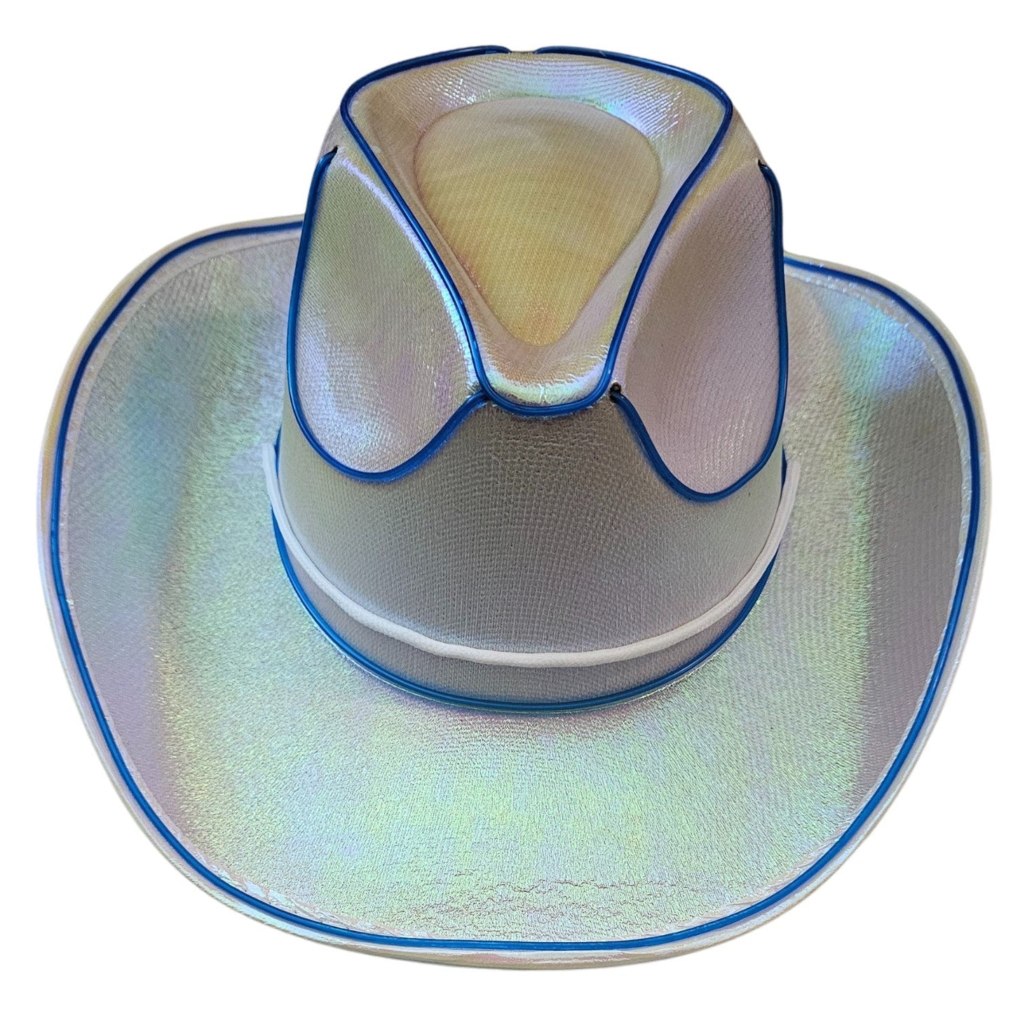 White Iridescent Cowboy Hat with Blue LED - Illuminate Your Style with 3 Flashing Modes - One Size - T and C Party Supply T and C Party Supply