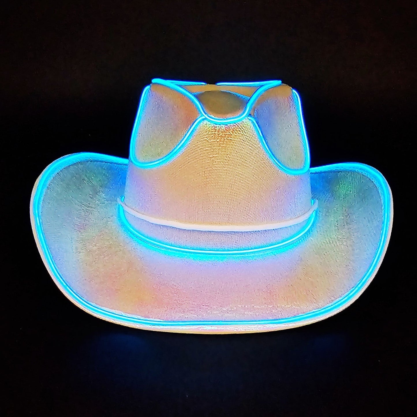 White Iridescent Cowboy Hat with Blue LED - Illuminate Your Style with 3 Flashing Modes - One Size - T and C Party Supply T and C Party Supply