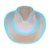 White Iridescent Light Up Cowboy Cowgirl Hat with Light Blue LR Wire around the brim and crown. 3 Speeds Steady, Fast, Slow